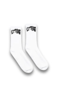 a pair of white socks with a black logo on them