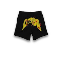 a black shorts with a yellow logo on it